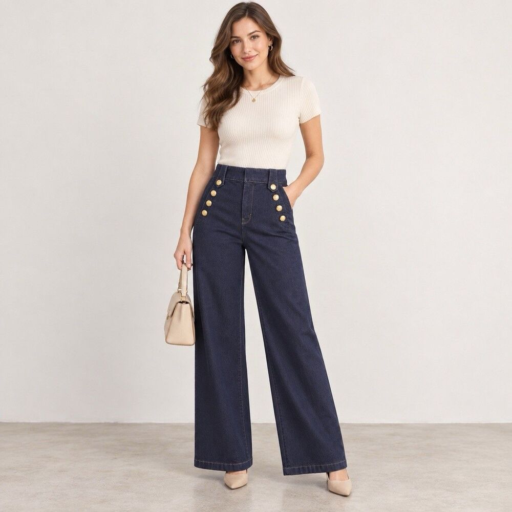 WHBM High Rise Wide Leg Jeans Size 6 Dark Indigo Gold Button Sailor Nautical